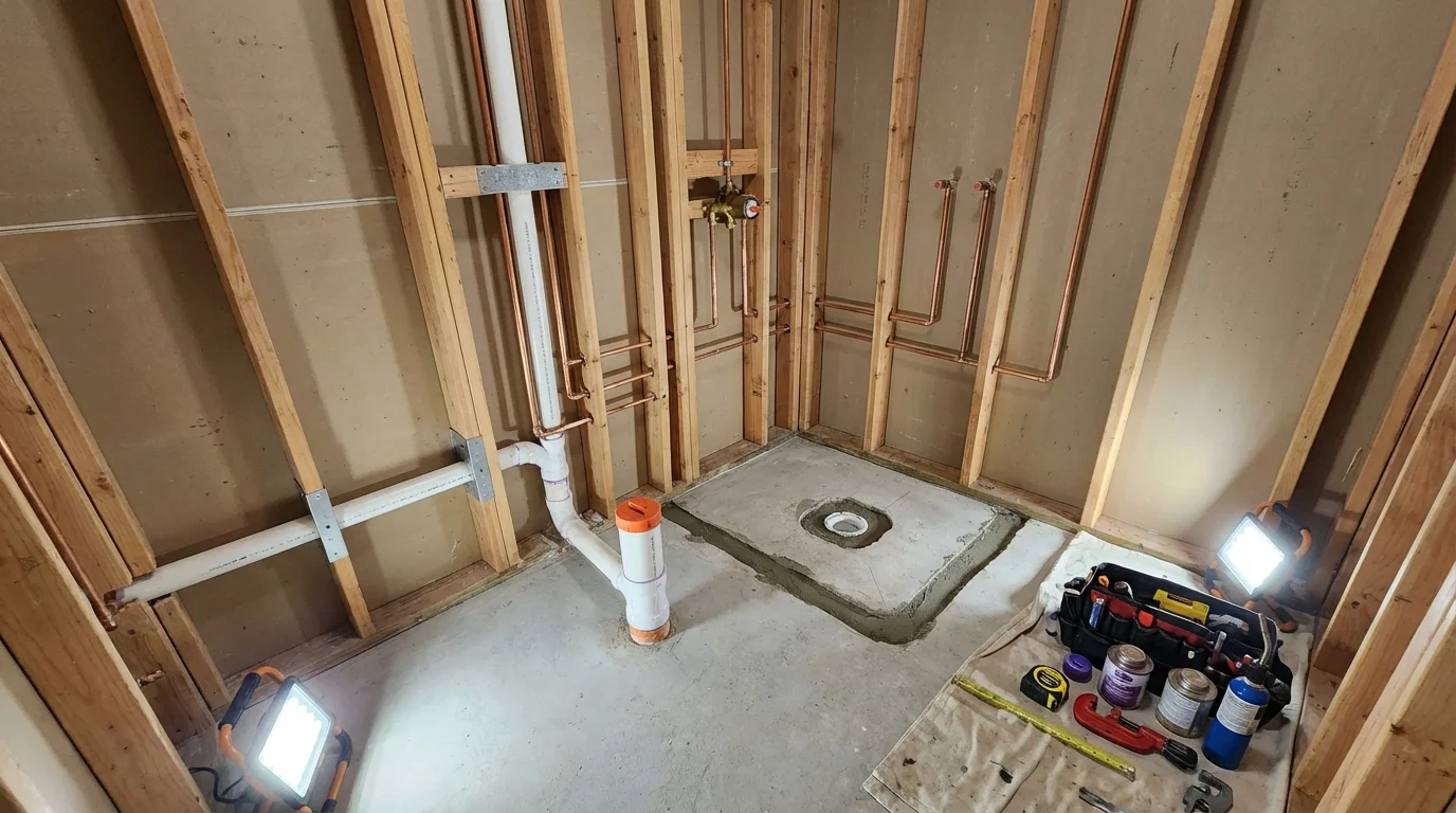 Bathroom rough-in plumbing during remodel by Johns Plumbing LLC in Beech Grove