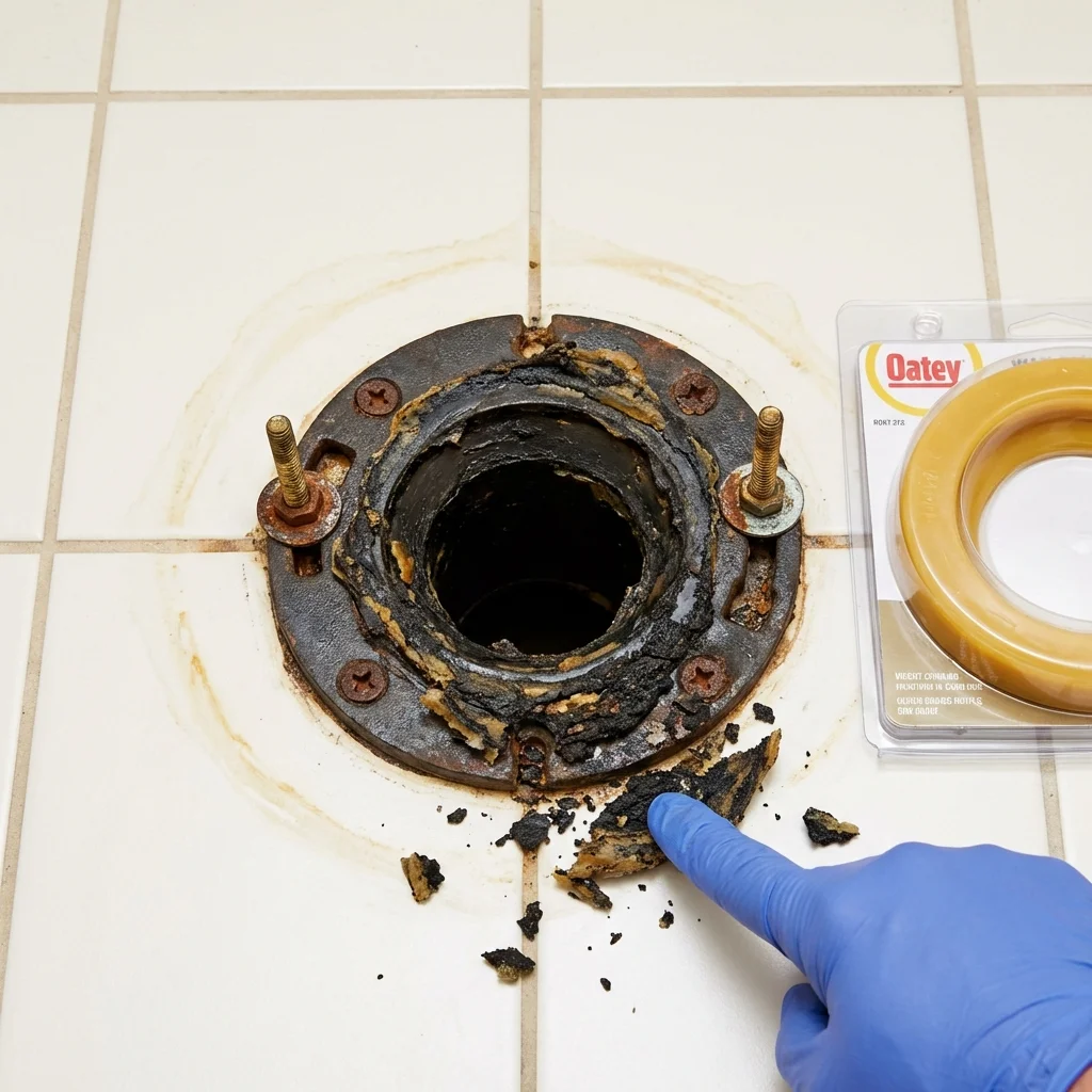 Failed wax ring showing water seepage at the base of a toilet in a Beech Grove, IN home