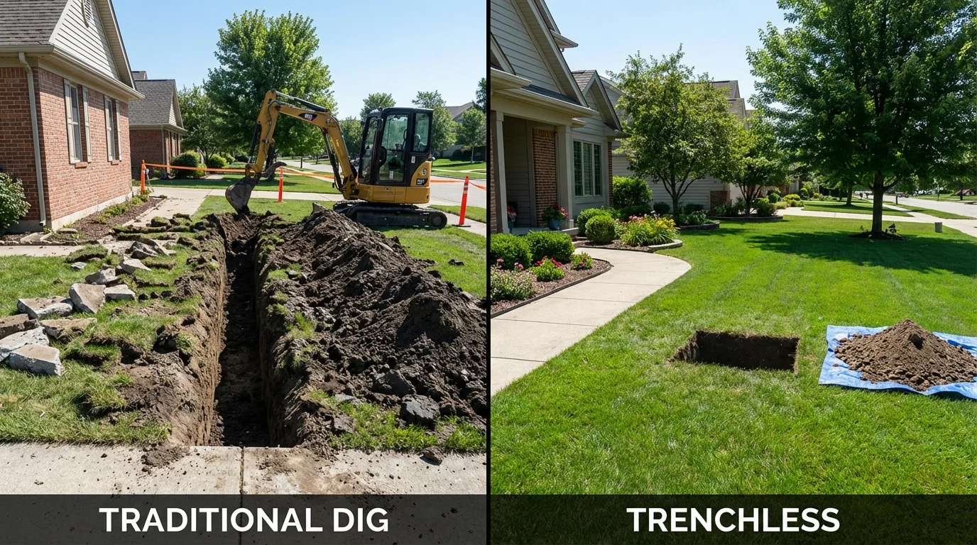 Trenchless sewer repair with minimal yard damage versus traditional excavation in Beech Grove, IN