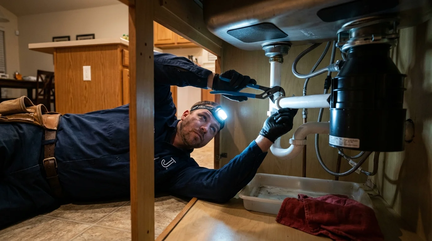 P-trap and supply line connections under a kitchen sink showing a common leak point in Beech Grove, IN